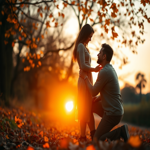Regenerate a romantic sunset scene with a man kneeling before a woman, surrounded by autumn leaves, soft focus, aperture f/1.8, ISO 100, 50mm lens, digital art style, warm color palette.