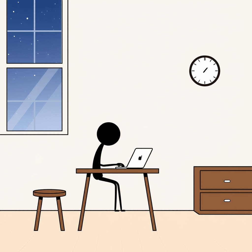 A minimalist digital illustration of a stick figure sitting at a wooden table using a laptop, with a window showing a night sky and a clock on the wall, shot with a high-resolution digital camera using a 50mm lens, aperture f/1.8, ISO 100, in a well-lit indoor environment.