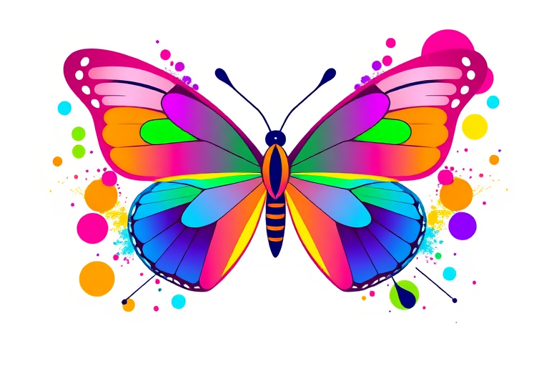 Create a vibrant and colorful butterfly illustration featuring a symmetrical design. Incorporate a gradient of colors including pink, purple, blue, green, and orange. Add abstract circular shapes and splashes of color around the butterfly to enhance the visual appeal. The overall style should be bold and eye-catching, suitable for a modern art piece.