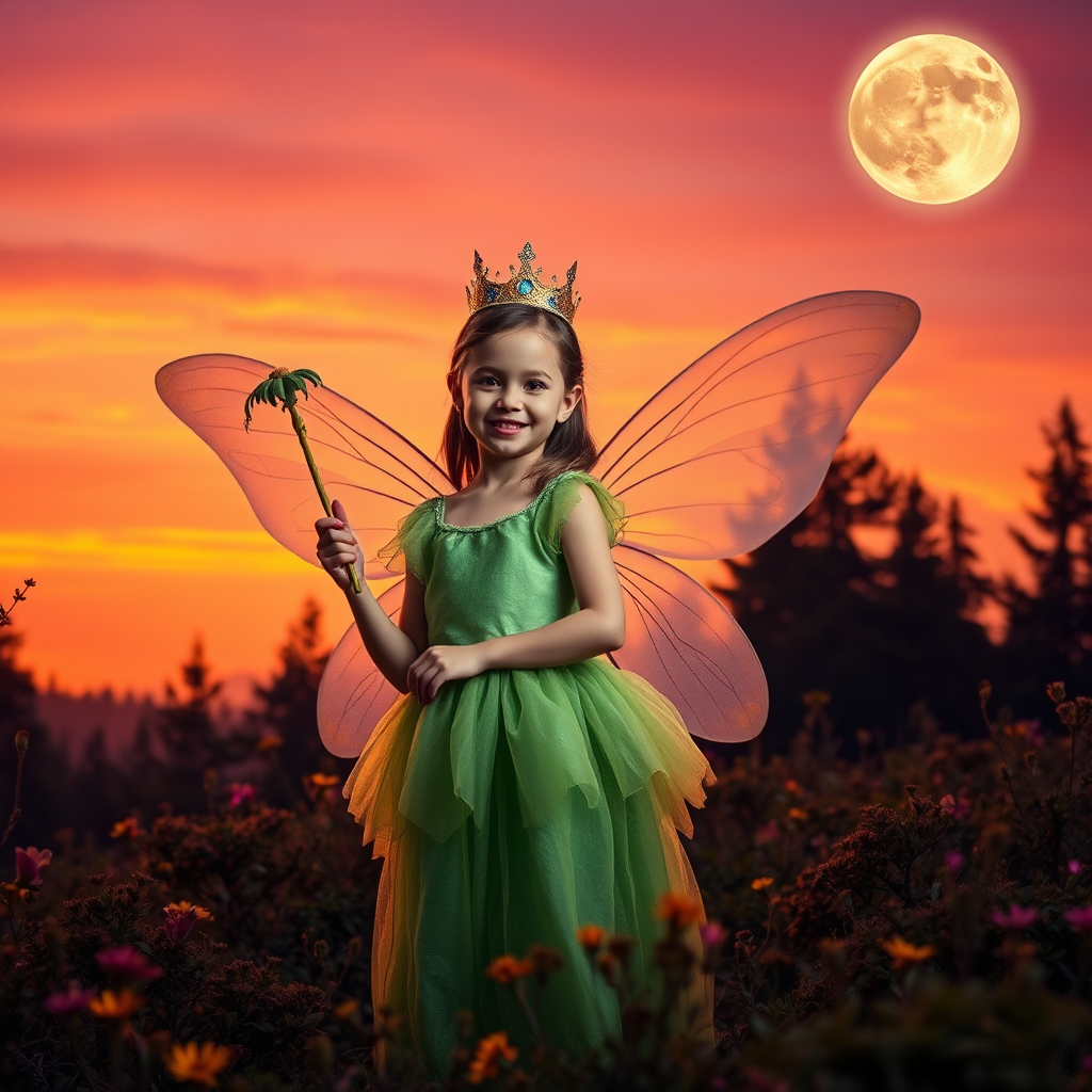 A vivid photo  taken under a bright camera flash of a fantastical scene set against a backdrop of a forest during sunset. The main subject is a girl dressed as a fairy, adorned with translucent wings and a green dress, holding a wand, her face is happy, and she wears a crown on her head. The forest behind her is a blend of flowers, shrubs and trees. The sky is painted in hues of orange and pink, with a large, glowing moon casting a warm glow over the scene. The overall color palette is dominated by earthy tones.