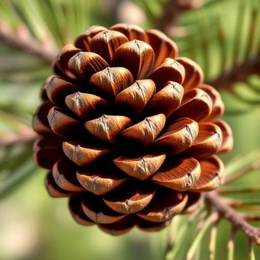 Create a highly detailed illustration of a pine cone, showcasing its intricate scales and texture, using a DSLR camera with a 50mm lens, aperture set to f/2.8, ISO 100, in natural lighting for enhanced clarity and depth.