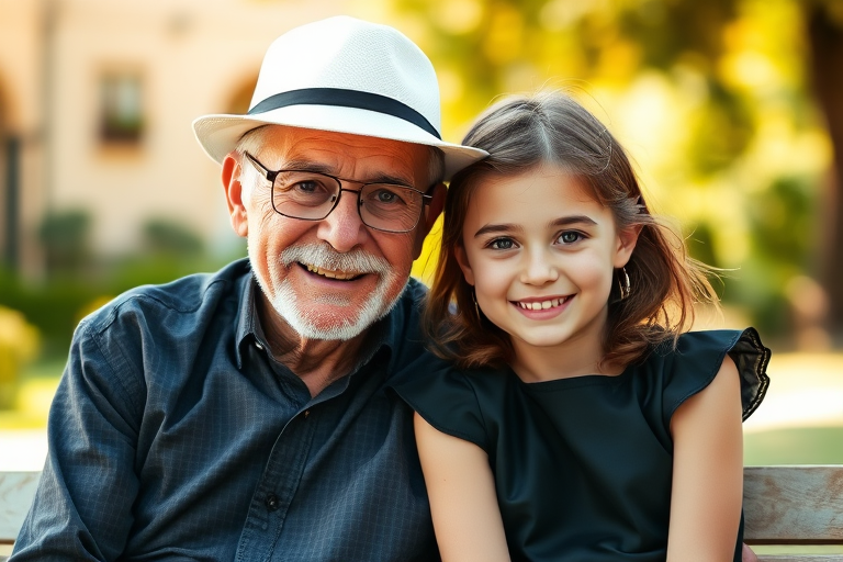 A warm portrait of an elderly man with glasses and a white hat sitting beside a young girl in a black dress, captured in natural light with a shallow depth of field, using a 50mm lens at f/1.8, ISO 200, and a shutter speed of 1/200s, with a soft focus background for a serene atmosphere.