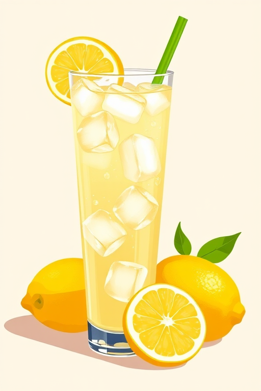 Create a high-resolution illustration of a tall glass of lemonade with ice cubes and a green straw, accompanied by two fresh lemons on a soft pastel background, using a detailed art style; camera settings: ISO 100, f/4, shutter speed 1/60; camera view: close-up; camera style: natural lighting; camera type: DSLR.
