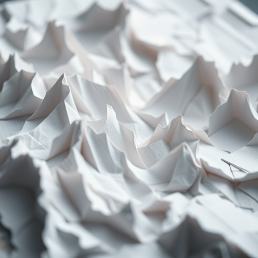 Create a high-resolution image of layered paper textures resembling a jagged abstract landscape, captured with a Canon EOS R5, 50mm lens, f/2.8, ISO 100, natural daylight, with a shallow depth of field to enhance detail and contrast.