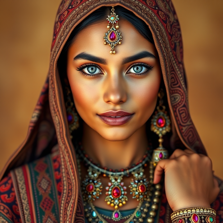 Create a portrait of a beautiful Hispanic woman with striking white eyes and a gentle expression. She is adorned in traditional attire with intricate patterns, including a richly embroidered headscarf and matching garments. Her jewelry includes a delicate headpiece, dangling earrings, and ornate bracelets, all featuring vibrant gemstones and detailed metalwork. The background is soft and warm, enhancing the rich colors of her outfit and jewelry.