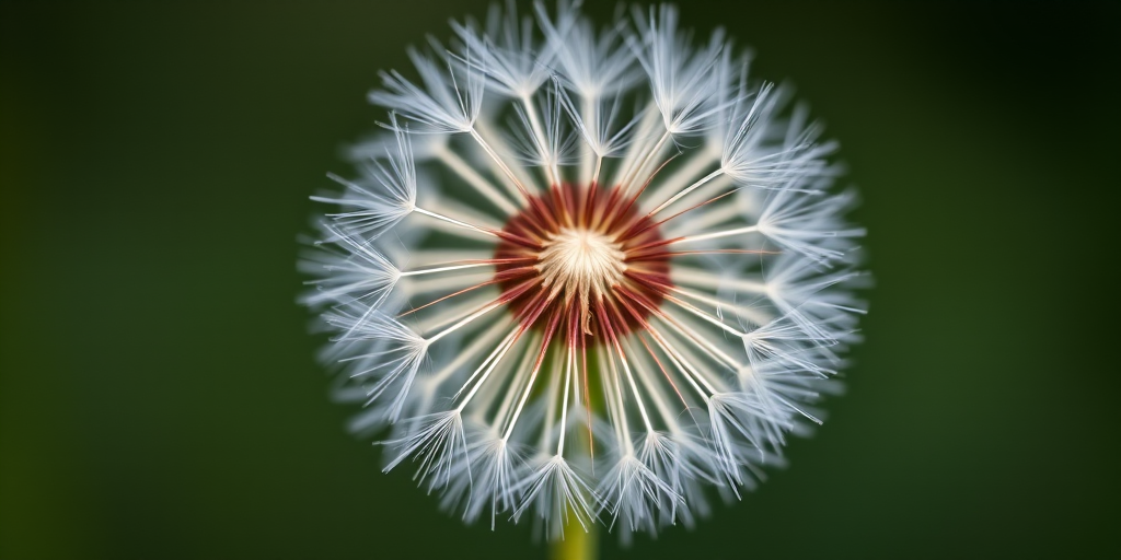 macro photo of a dandelion seed head with a blurred dark green background, aperture f/2.8, shutter speed 1/200s, ISO 100, shot with a DSLR camera using a 100mm macro lens, natural light, shallow depth of field