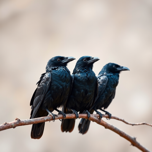 three crows perched on a branch, watercolor style, soft focus, natural light, ISO 100, f/8, 1/250s, 50mm lens, DSLR camera, enhanced color saturation, high resolution