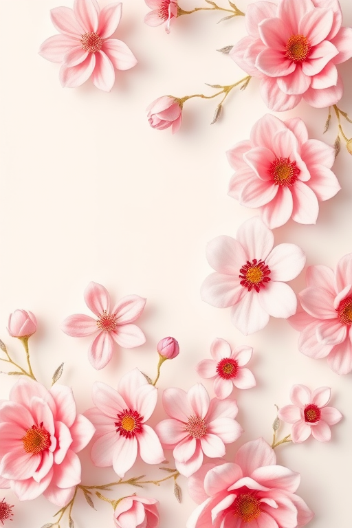 Create a high-resolution floral decorative pattern with soft pink and pastel colors in a light background, captured with a DSLR camera using a 50mm lens, aperture f/2.8, ISO 100, with a slightly blurred background for depth.