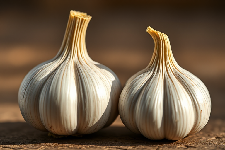 Create a hyper-realistic illustration of two garlic bulbs, one larger and one smaller, with detailed textures and shadows, using a Canon EOS R5 with a 100mm macro lens, f/2.8 aperture, 1/200s shutter speed, natural lighting, and a shallow depth of field for enhanced focus on the garlic.