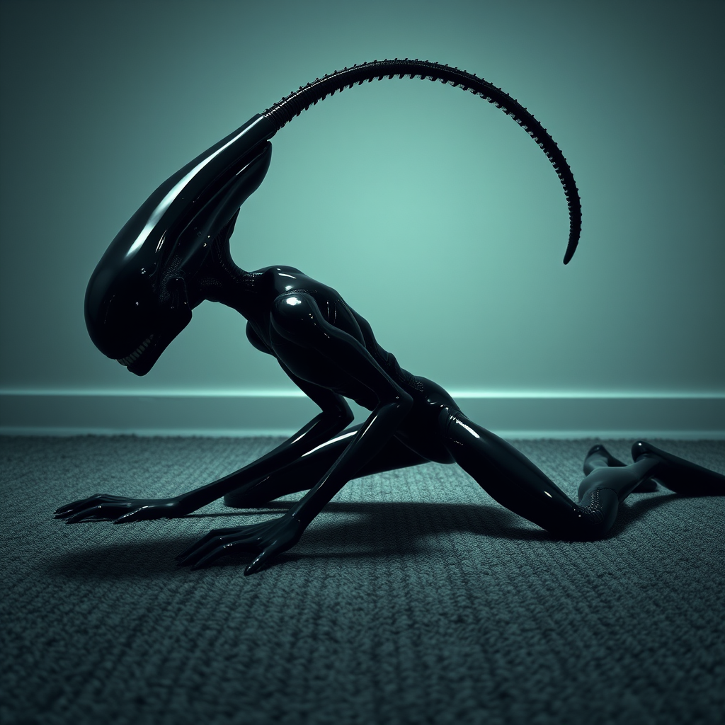 A funny Alien in a stretching position on a textured carpet, with its black, glossy body reflecting dim light. Legs spread wide, upper body bent forward, long segmented tail curving over its back, arching above its head. Face directed at the viewer, showing biomechanical features, sharp teeth, elongated skull. Muscles taut, emphasizing strength in the stretch. Minimalist environment, focusing on the creature's athletic pose. Photorealistic quality.