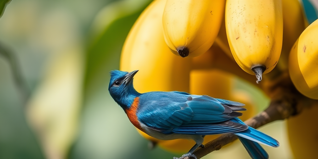 Capture a vivid close-up of a blue bird perched on a branch next to yellow bananas, using a Canon EOS R5 with an f/2.8 aperture, ISO 200, 1/500 sec shutter speed, shot in natural light with a shallow depth of field for a blurred background effect.