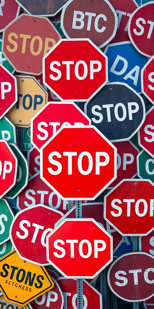 Create an image of multiple stop signs overlapping in a chaotic arrangement with a focus on color contrast and clarity, using a DSLR camera, f/4 aperture, 50mm lens, ISO 100, natural lighting, and a bird's-eye view perspective to enhance details and image quality.