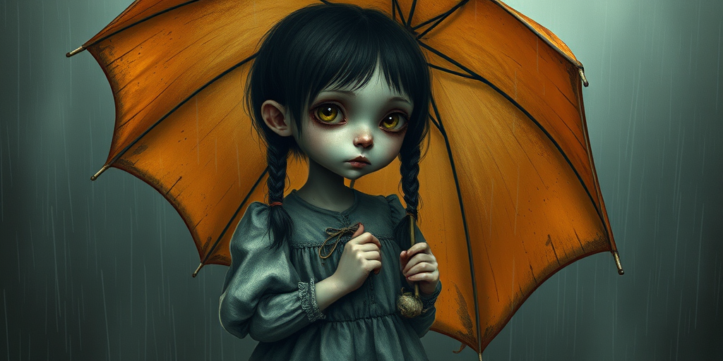 An eerie, weird little girl with dark hair in thin pigtails, wearing a smock dress, standing in the rain, holding a dirty orange umbrella, a small, odd creature beside her. In a surreal style inspired by Nicoletta Ceccoli and Brian Froud. Dark fantasy themes