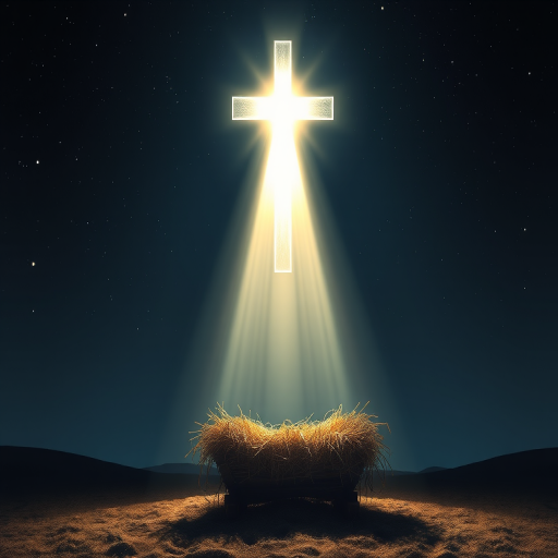 Create an image of a serene night scene featuring a radiant cross shining down from above. The light beams down onto a humble manger filled with hay, set in a dark, starry sky. The atmosphere should convey peace and hope, with soft illumination highlighting the manger below the cross.