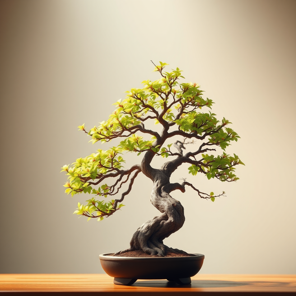 Create a high-resolution illustration of a bonsai tree with intricate details, natural colors, and a minimalistic background, captured with a DSLR camera at f/8 aperture, 50mm lens, ISO 100, and a soft focus effect.