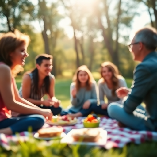 Blurry, candid shot of a family picnicking in a park, soft sunlight filtering through the trees, laughter and conversation frozen in the moment, picnic blanket spread on the grass, the smell of fresh fruit and sandwiches lingering in the air.