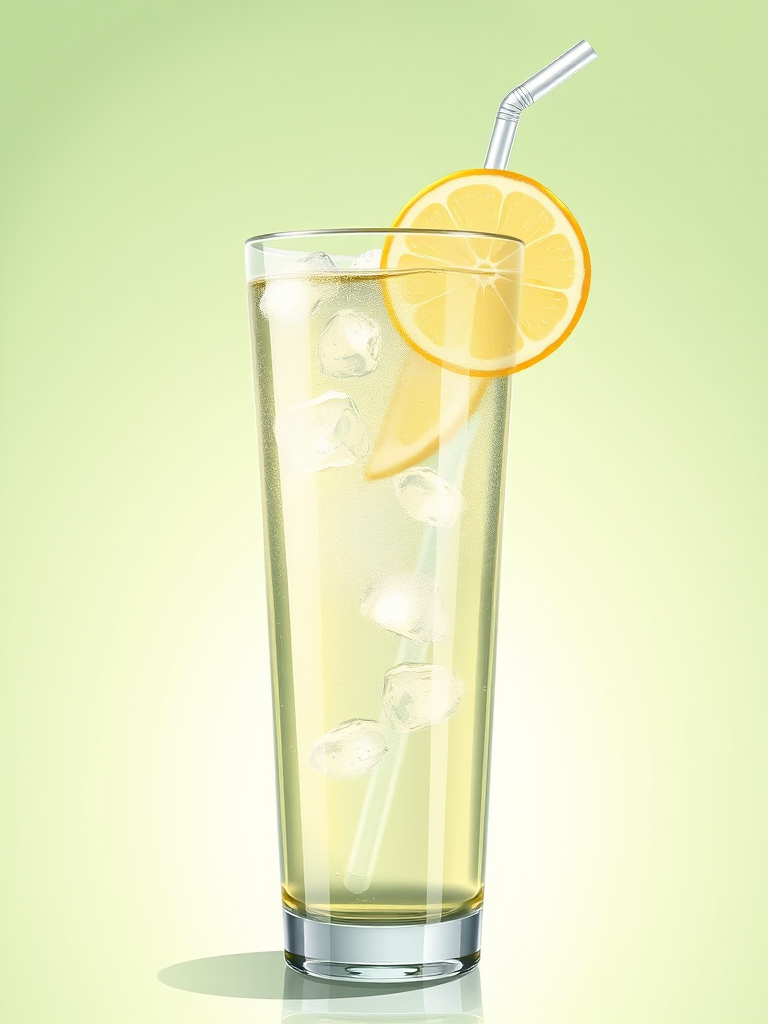 Create a high-resolution digital illustration of a tall glass filled with refreshing clear beverage, featuring a lemon slice on the rim and a straw, using a soft focus camera style with an aperture of f/2.8, ISO 100, and a 50mm lens, set against a smooth gradient background transitioning from light to dark green.