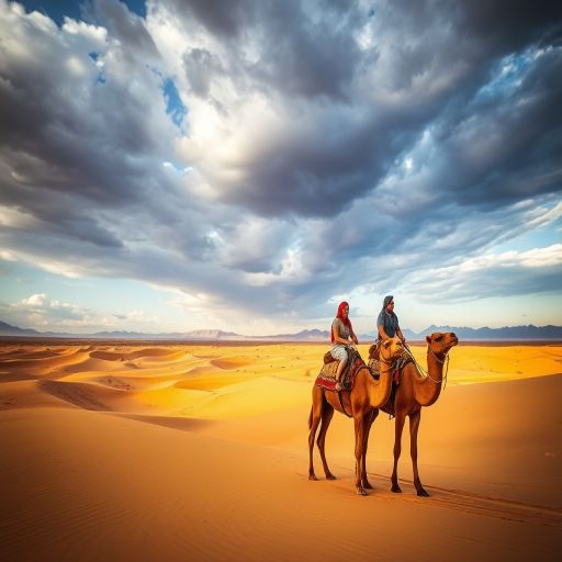 desert landscape with two camels and riders under a dramatic sky, golden sand dunes and distant mountains, high dynamic range photography, ISO 100, f/8 aperture, 1/125 sec shutter speed, wide-angle lens, DSLR camera, soft focus on background for depth