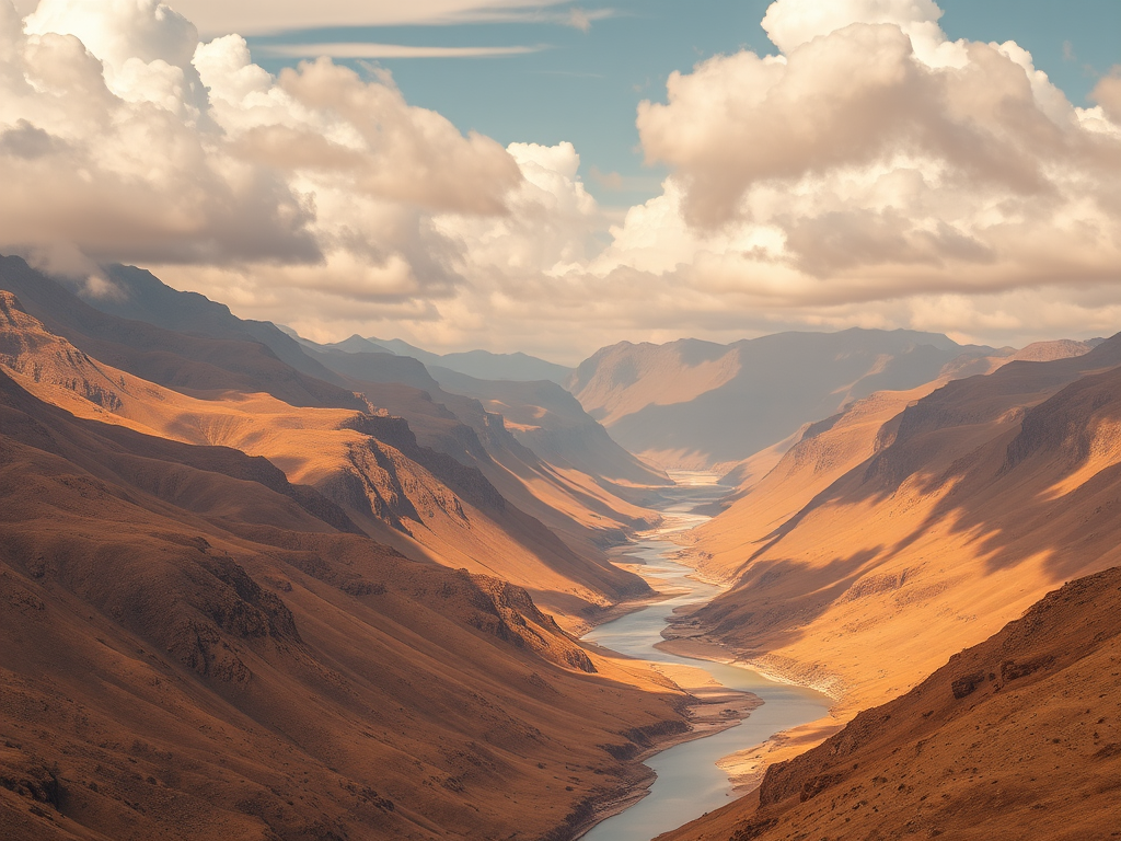 generate a stylized landscape featuring mountains in shades of yellow and brown, with a winding river and fluffy clouds, shot with a DSLR camera at f/11, ISO 100, 24mm lens, in a landscape orientation for sharp depth of field and vibrant colors.