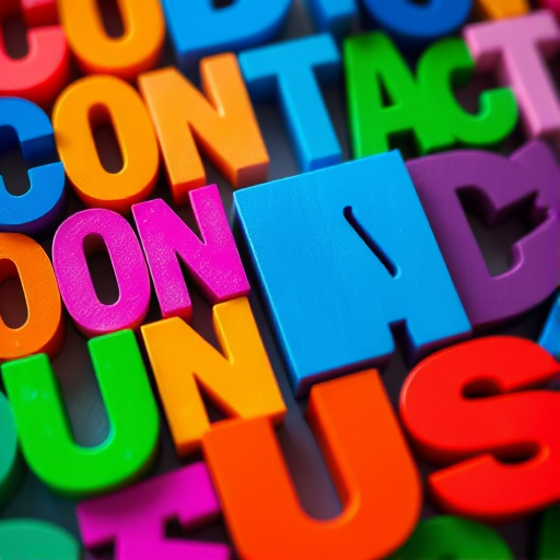 Create a vibrant, colorful, and close-up shot of overlapping text letters spelling "CONTACT US" in various colors, using a DSLR camera with a 50mm lens, aperture set to f/2.8 for shallow depth of field, ISO 100 for high clarity, and a top-down view for an immersive effect.