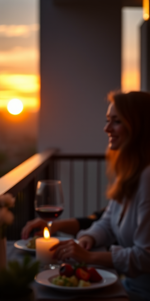 Blurry candid shot of a couple sharing a romantic dinner on a balcony, with soft candlelight illuminating their faces, and a beautiful sunset in the background.
