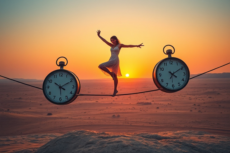 A surreal scene featuring a dancer balancing on a tightrope connected between vintage clocks in a vast desert landscape at sunset, shot with a Canon EOS 5D Mark IV, 24mm lens, f/8 aperture, ISO 100, at a low angle to capture depth and enhance colors.