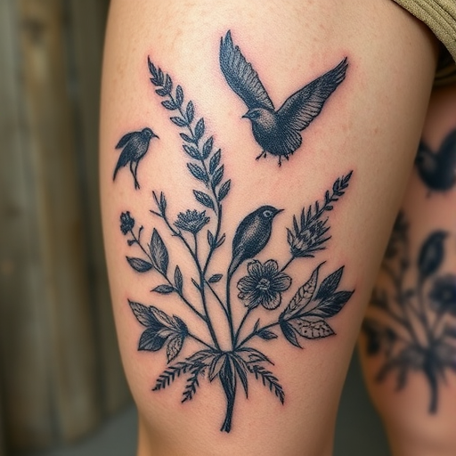 Rustic woodcut-inspired tattoo named "Nature's Wisdom" featuring detailed illustrations of native flora and fauna with a weathered, engraved appearance, symbolizing a connection to the natural world on the thigh