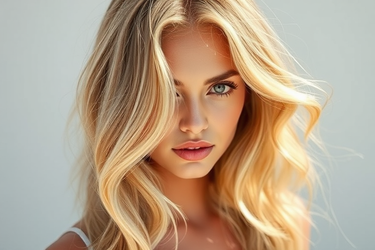 Effortless beachy waves in sun-kissed golden blonde, featuring natural-looking roots and face-framing highlights, perfect for a carefree summer style
