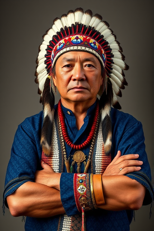 Create a dignified portrait of a Native American man dressed in traditional attire. He wears a beautifully crafted headdress adorned with white feathers and red beads, along with a beaded headband featuring intricate patterns. His clothing includes a deep blue, patterned shirt and a traditional chest piece with detailed beadwork. His arms are crossed, displaying leather armbands decorated with feathers. The background is simple and neutral, emphasizing his proud and stoic expression. The overall image captures the rich cultural heritage and strength of his persona.