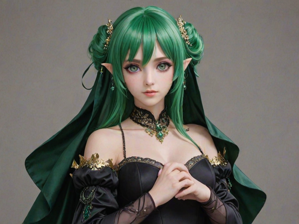 colleidef, green hair, medium hair, purple eyes, hair ornament, hair between eyes, ahoge, small breasts, earrings, single earring, jewelry, green capelet, black dress, detached sleeves, puffy long sleeves, backless dress, bridal gauntlets, crossed bangs