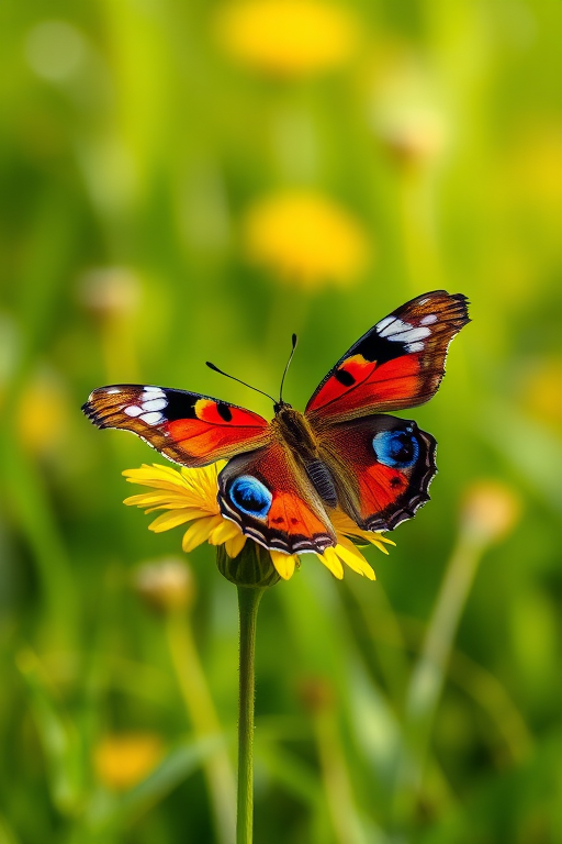 Generate an image of a colorful butterfly perched on a bright yellow dandelion flower in a lush green field. The butterfly should have vibrant red and blue patterns on its wings, and the background should feature soft, blurred greenery to create a serene atmosphere.