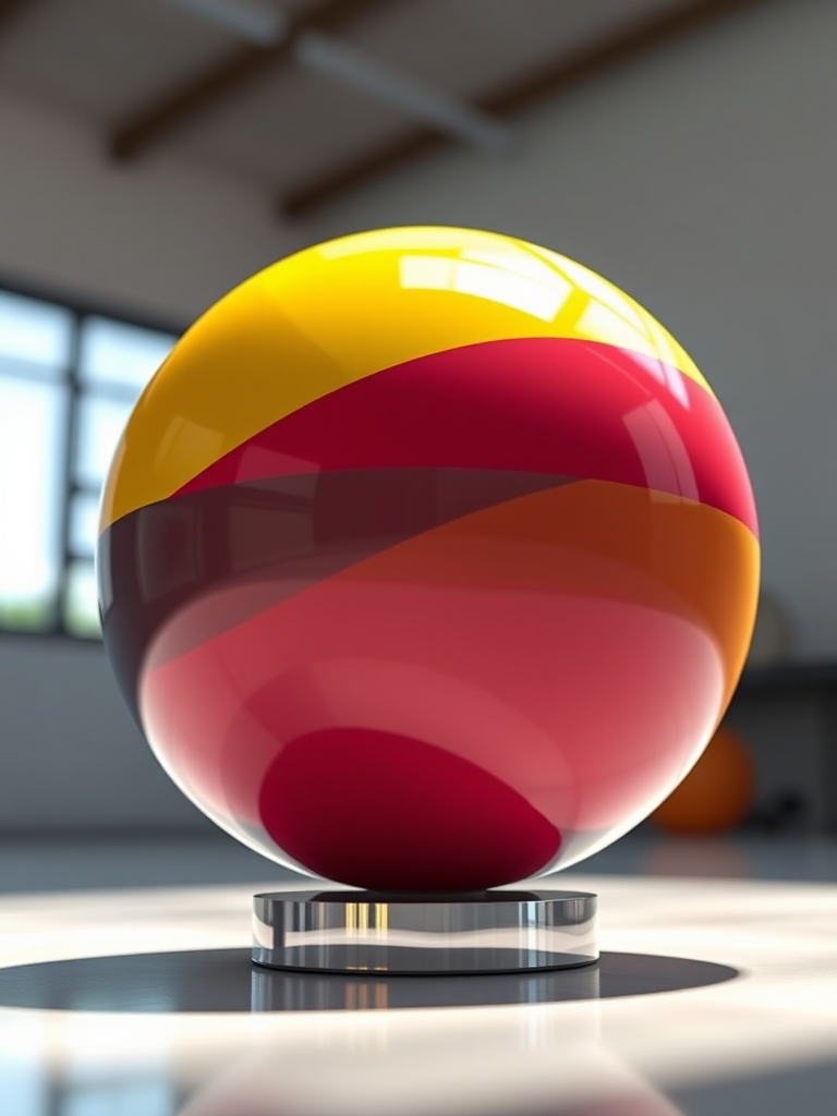 Create a detailed 3D rendering of a sphere featuring the flag of Colombia, focusing on vibrant colors and smooth reflective surface, captured with a Canon EOS R5 at f/8, ISO 100, 1/200 sec, from a low angle viewpoint with soft natural lighting for enhanced depth and clarity.