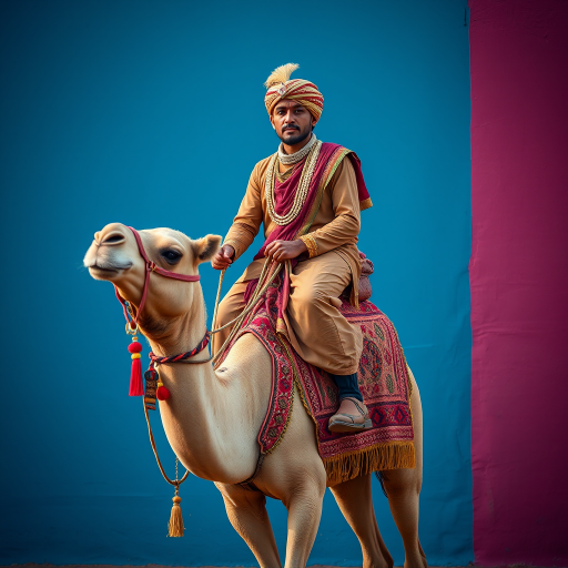 A rider in traditional attire on a decorated camel against a vibrant background, captured with a Canon EOS R5, 85mm lens, f/1.8 aperture, ISO 100, natural lighting, portrait orientation, high dynamic range.