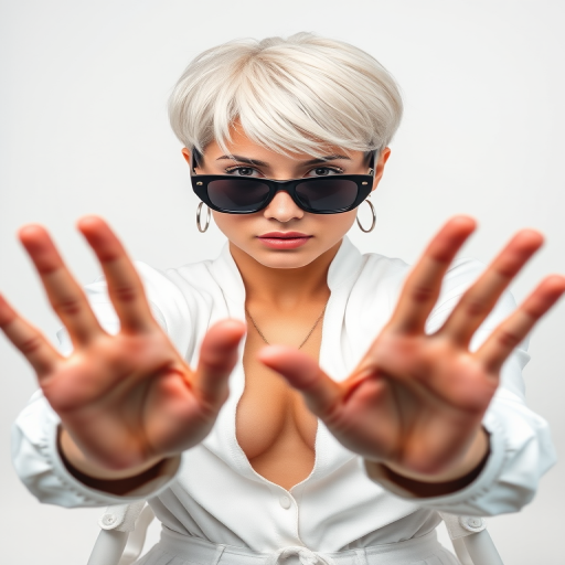 A striking portrait of a person with short white hair and black sunglasses, wearing a white outfit, posed dynamically with hands outstretched, shot with a DSLR camera at 50mm focal length, f/2.8 aperture, ISO 200, softly diffused lighting for a high-quality studio look.