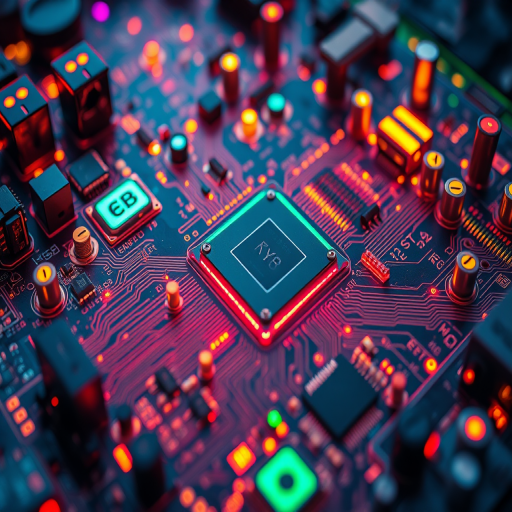 create a high-resolution aerial view of a futuristic circuit board with glowing elements, vibrant colors, and intricate details, using a Canon EOS R5, shutter speed 1/200s, aperture f/2.8, ISO 200, in a macro photography style with soft focus background, emphasizing the depth and complexity of the circuitry