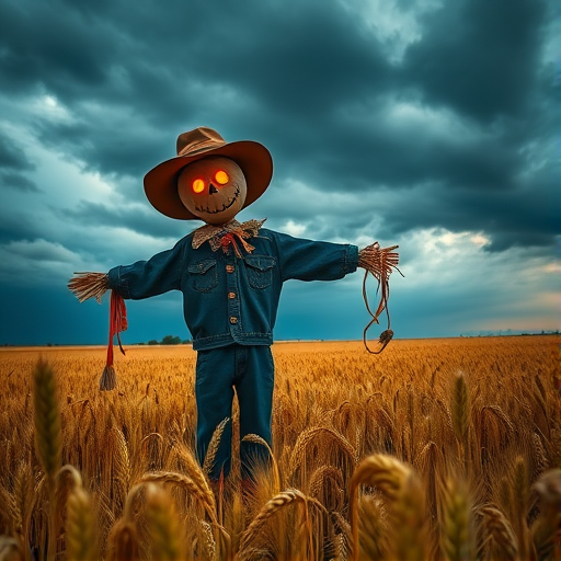 Create a high-resolution image of a scarecrow with glowing eyes standing in a golden wheat field under a stormy sky, captured with a Canon EOS R5, 50mm f/1.8 lens, aperture set to f/2.8, ISO 200, and a dynamic range to enhance contrast and color vibrancy.