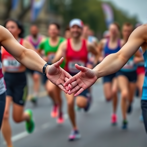 a close-up of two hands reaching out to each other during a marathon, with blurred runners in the background and a variety of colorful athletic wear
