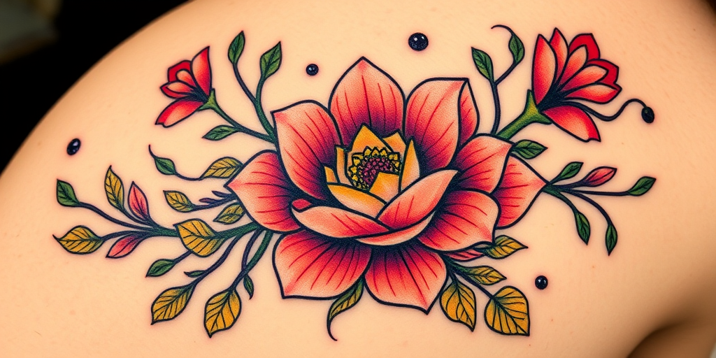 Neo-traditional tattoo titled "Enchanted Bloom" showcasing a stylized floral arrangement with bold outlines, vivid color gradients, and whimsical decorative elements inspired by Art Nouveau designs
