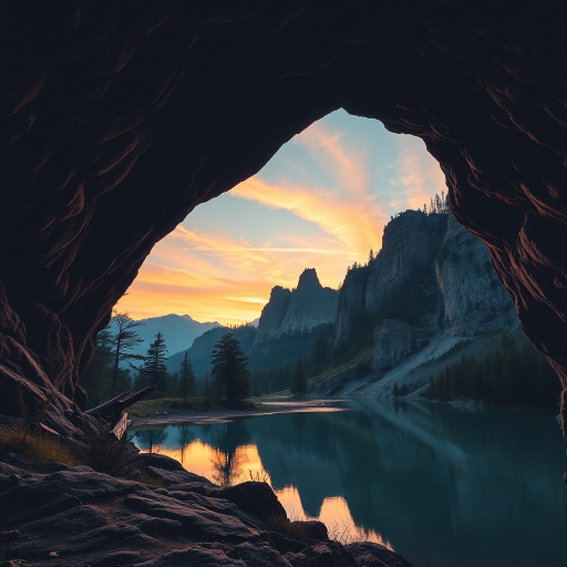 Create a vibrant digital landscape of a cave opening revealing a stunning sunset over a reflective lake with dramatic cliffs and trees silhouetted against the sky, captured with a Canon EOS R5, 24mm lens, f/8 aperture, ISO 100, using a wide-angle view to enhance depth and detail in the scene.