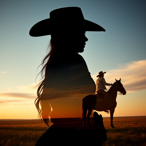 "Create a Double exposure", a silhouette "profile portrait of a young cowgirl" with long hair "superimposed" against a long shot of a cowgirl riding a horse across the plains, fantastic view, 32k, cinematic, hyper-realistic.