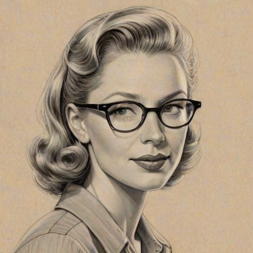 Resplendent Meredith Monroe, pencil sketch, portrait of Delightful woman 1940s in glasses, hair style beatnik, outline, clear lines, fine lines, 8k
