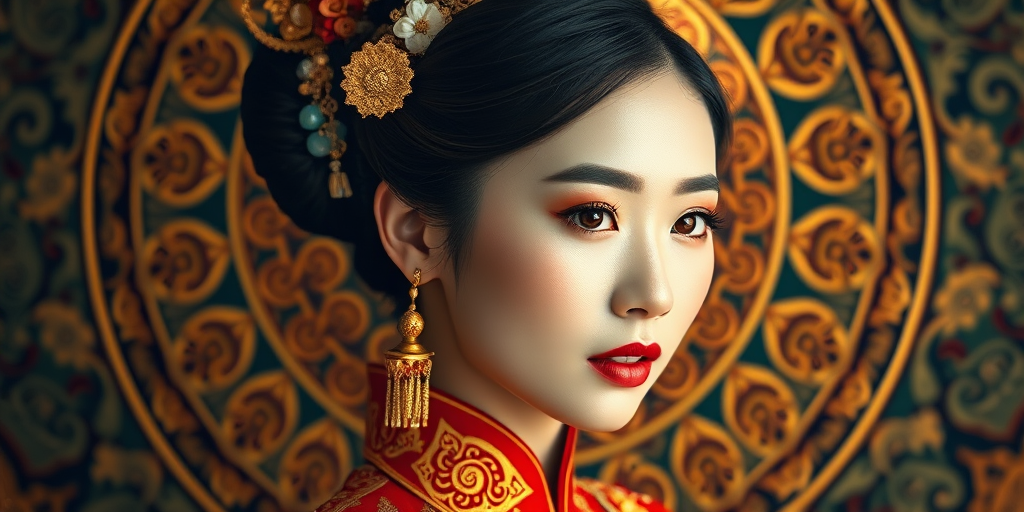 A stunning portrait of an elegant woman in traditional Asian attire, surrounded by intricate patterns and a golden halo, shot with a Canon EOS R5, 85mm lens, f/1.2 aperture, ISO 100, in soft natural light, showcasing vibrant colors and exquisite detail.