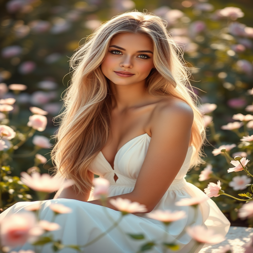 Create a portrait of a young woman with long, flowing blonde hair, wearing a delicate white gown, sitting gracefully in a sunlit garden filled with soft pastel flowers, captured in a soft-focus style with a DSLR camera, 85mm lens, f/1.8 aperture, ISO 100, with a warm color palette and high dynamic range to accentuate the dreamy atmosphere.