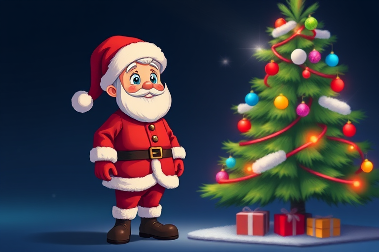 Create an illustration of a character wearing a Santa outfit standing next to a Christmas tree, featuring vibrant colors and a festive atmosphere, captured from a slightly low angle using a digital camera with a 50mm lens at f/1.8 aperture, ISO 100, and a focus on the character to enhance depth of field, against a dark blue background.