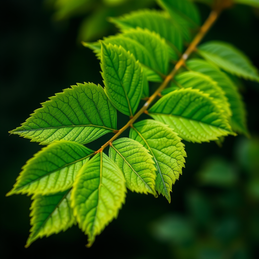 Create an image of a detailed green leaf branch with various shades of green, photographed with a DSLR camera at f/4 aperture, ISO 100, 50mm lens, in natural light with a macro view.
