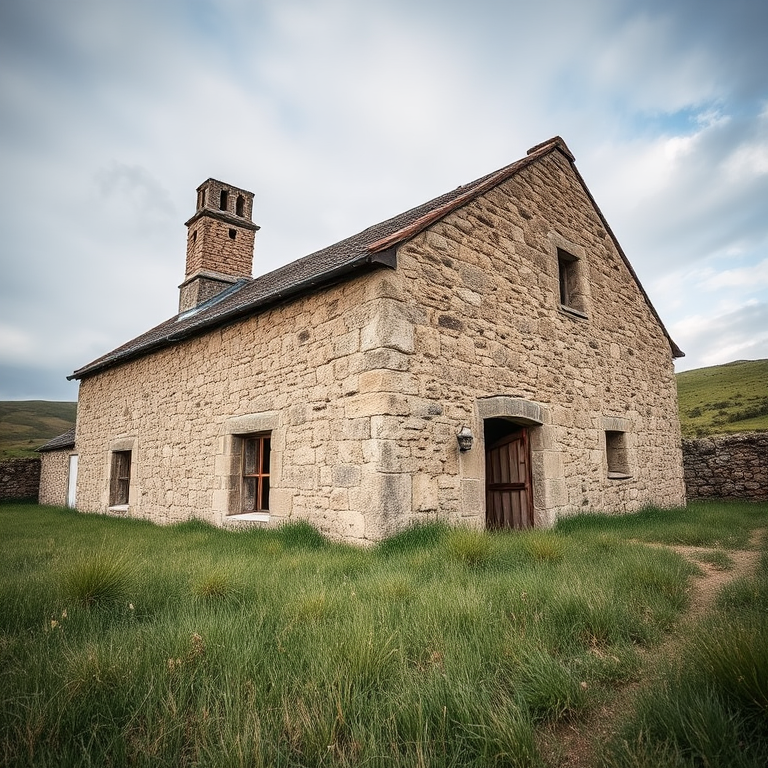 regenerate an image of an old stone house with weathered walls and a grassy foreground, Aperature f/8, ISO 200, Shutter Speed 1/125s, Wide-angle lens, taken from a low angle to capture the sky above for dramatic effect, using a DSLR camera.