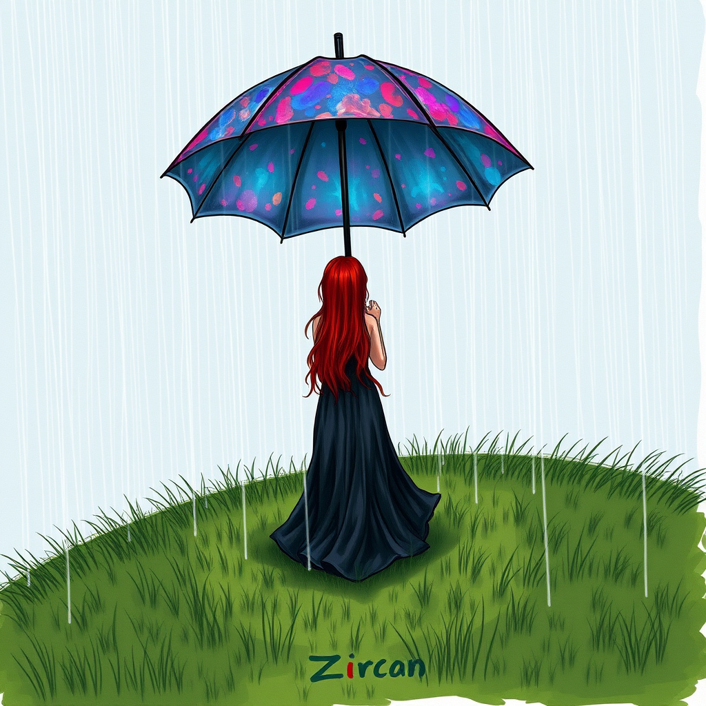A surreal hand-drawn digital artwork depicting a mysterious red-haired woman standing on a grassy hill under the rain. She holds an umbrella crafted from iridescent zircon, its vibrant sheen contrasting with the soft, rainy atmosphere. The scene feels dreamlike, blending the natural elements of the hill and rain with the otherworldly shimmer of the umbrella.