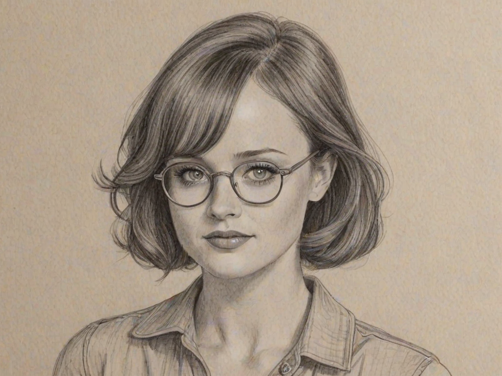 Appealing Alexis Bledel, pencil sketch, portrait of Delightful woman 1931s in glasses, hair style beatnik, outline, clear lines, fine lines, 8k