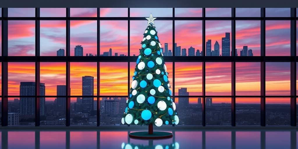 Create an image of a modern Christmas tree design featuring a sleek, minimalist style. The tree should be adorned with large, glowing blue and white circular lights. Position the tree in a contemporary room with large windows showcasing a city skyline at sunset, highlighting a vibrant orange and purple sky. The interior should have a clean, elegant aesthetic with a touch of holiday spirit.
