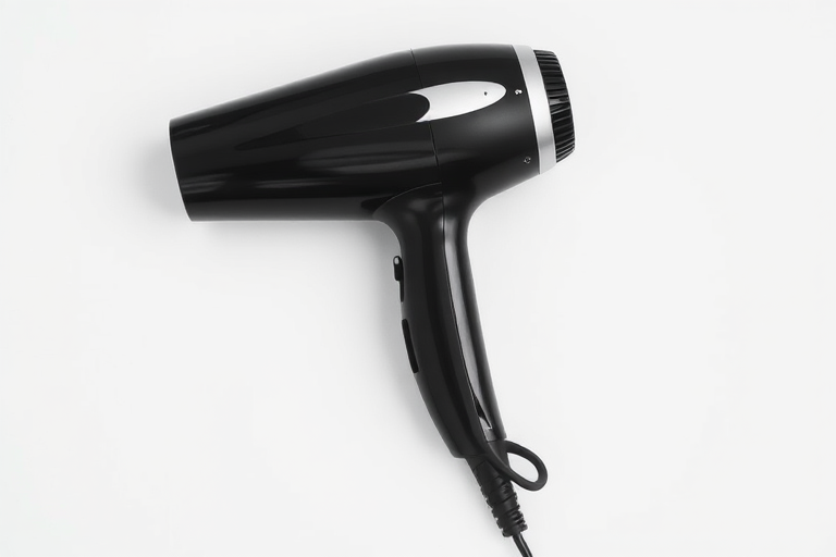 Create a high-resolution image of a black and silver hairdryer on a plain white background, using a DSLR camera with a 50mm lens, f/2.8 aperture, ISO 100, and soft lighting for enhanced details and smooth texture.